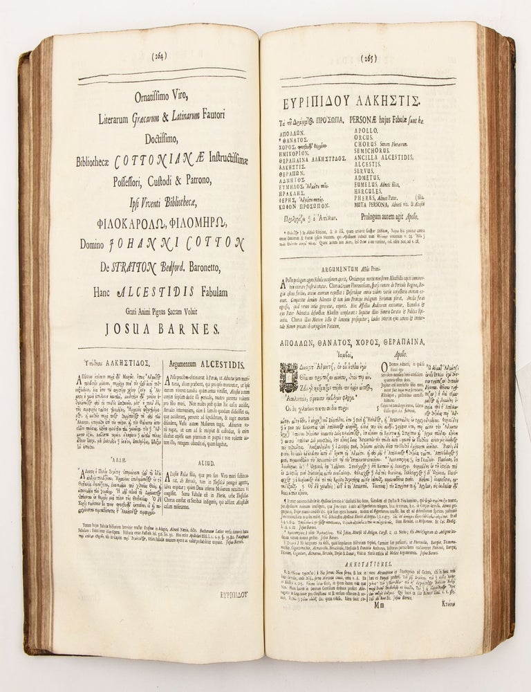 Works, in Greek. Euripidis quæ Extant Omnia: Tragoediæ nempe XX, præter ultimam, omnes completæ: item fragmenta aliarum plusquam LX tragœdiarum; et epistolæ V. Nunc primùm & ipsæ hùc adjectæ: scholia demùm doctorum virorum in septem priores tragœdias, ex diversis antiquis exemplaribus undiquaque collecta & concinnata ab Arsenio Monembasiæ Archiepiscopo. ... Operâ & studio Josuæ Barnes S.T.B. Emmanuelis Collegii apud Cantabrigienses Socii maximè senioris.