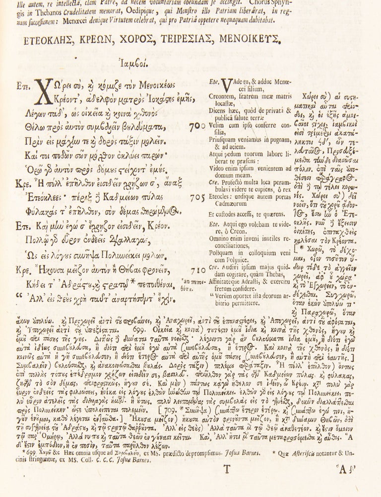 Works, in Greek. Euripidis quæ Extant Omnia: Tragoediæ nempe XX, præter ultimam, omnes completæ: item fragmenta aliarum plusquam LX tragœdiarum; et epistolæ V. Nunc primùm & ipsæ hùc adjectæ: scholia demùm doctorum virorum in septem priores tragœdias, ex diversis antiquis exemplaribus undiquaque collecta & concinnata ab Arsenio Monembasiæ Archiepiscopo. ... Operâ & studio Josuæ Barnes S.T.B. Emmanuelis Collegii apud Cantabrigienses Socii maximè senioris.