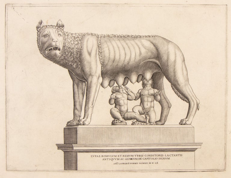 Item #4344 The She-wolf with Romulus and Remus. Nicolas Béatrizet, attrib, Lunéville ca. 1515- Rome ca. 1565.