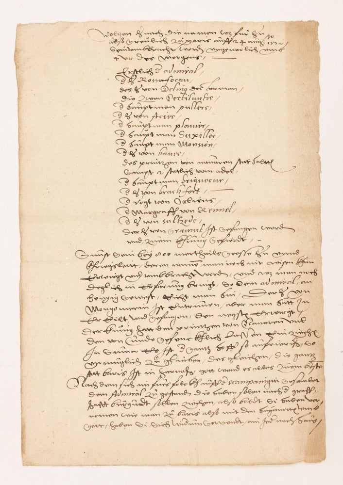 Manuscript Letter, on paper, signed by Ludwig III. A contemporary account the St. Bartholomew's Day Massacre (during which thousands of Protestant Huguenots were slaughtered by Catholics) together with a second document which provides the names of 15 important victims and additional information.