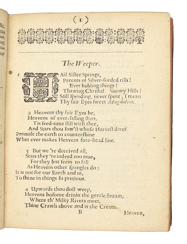 Steps to the Temple, The Delights of the Muses and Carmen Deo Nostro. By Ric. Crashaw, sometimes Fellow of Pembroke Hall, and late fellow of St Peters Colledge in Cambridge. The 2nd Edition. London: In the Savoy, Printed by T.N. for Henry Herringman at the Blew Anchor in the Lower Walk of the New Exchange. 1670 BOUND WITH: Poemata et Epigrammata, quae scripsit Latina & Gr&aelig;ca, dum Aulae Pemb. Alumnus fuit, et Collegii Petrensis Socius. Editio Secunda