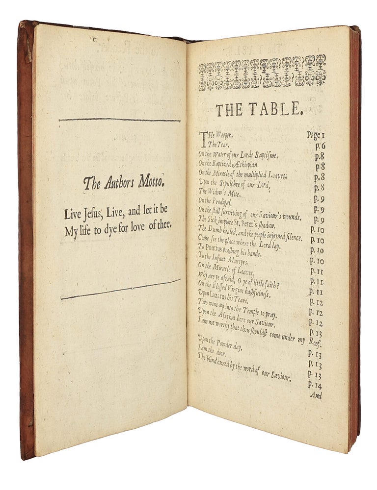Steps to the Temple, The Delights of the Muses and Carmen Deo Nostro. By Ric. Crashaw, sometimes Fellow of Pembroke Hall, and late fellow of St Peters Colledge in Cambridge. The 2nd Edition. London: In the Savoy, Printed by T.N. for Henry Herringman at the Blew Anchor in the Lower Walk of the New Exchange. 1670 BOUND WITH: Poemata et Epigrammata, quae scripsit Latina & Gr&aelig;ca, dum Aulae Pemb. Alumnus fuit, et Collegii Petrensis Socius. Editio Secunda