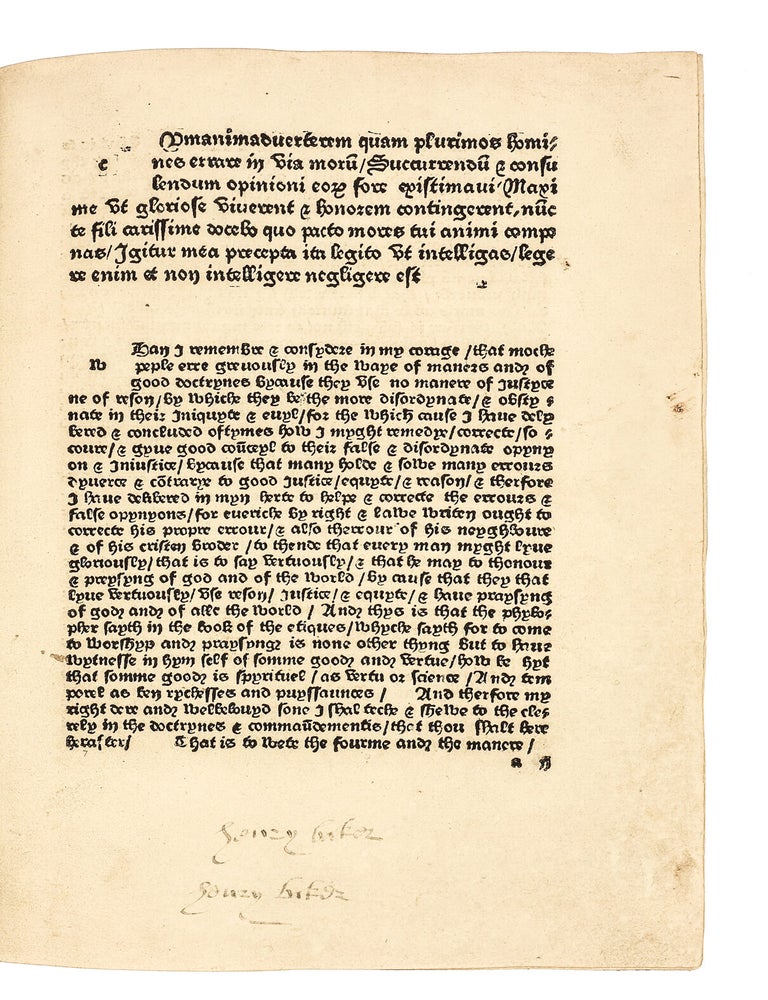 “Here begynneth the prologue or prohemye of the book callid Caton” Disticha de moribus, in English and Latin. Translated from the French by William Caxton. With a paraphrase and commentary.