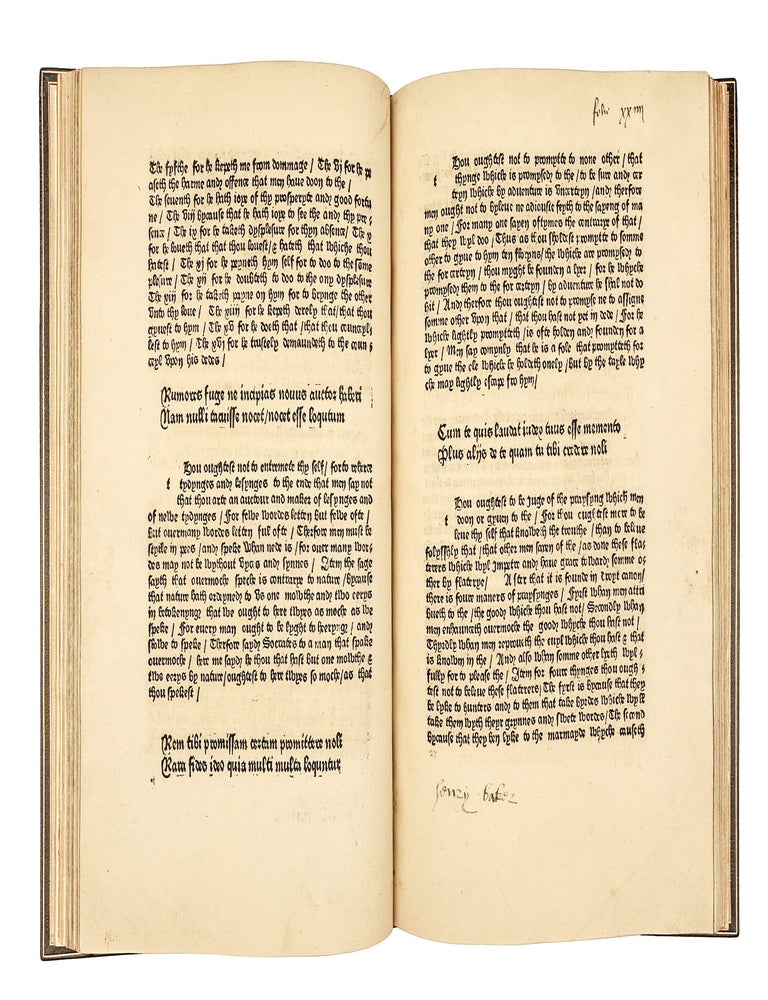 “Here begynneth the prologue or prohemye of the book callid Caton” Disticha de moribus, in English and Latin. Translated from the French by William Caxton. With a paraphrase and commentary.