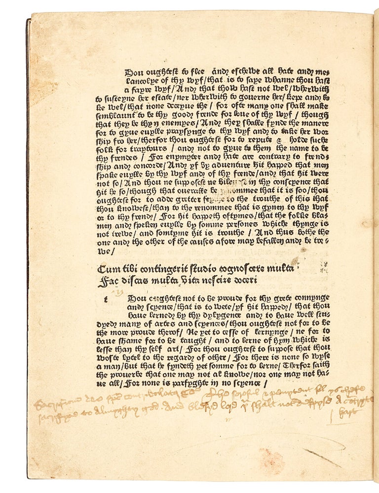 &ldquo;Here begynneth the prologue or prohemye of the book callid Caton&rdquo; Disticha de moribus, in English and Latin. Translated from the French by William Caxton. With a paraphrase and commentary.