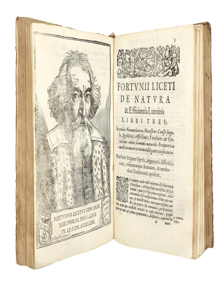 Sammelband of Five Works by Fortunio Liceti: &ldquo;De regulari motu minimaque parallaxi cometarum caelestium disputationes,&rdquo; &ldquo;De terra unico centro motus singularum caeli particularum disputationes,&rdquo; &ldquo;De centro, & circumferentia libri duo,&rdquo; &ldquo;De natura, et arte libri duo,&rdquo; &ldquo;De luminis natura & efficientia libri tres&rdquo;.