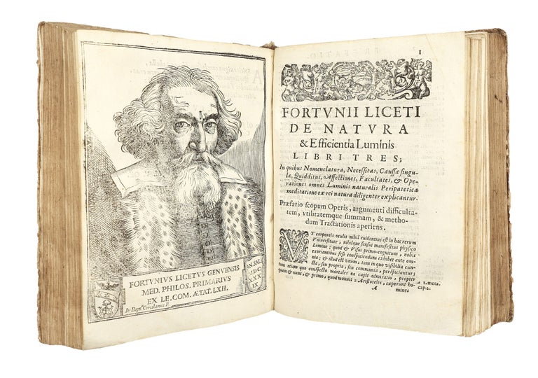 Sammelband of Five Works by Fortunio Liceti: “De regulari motu minimaque parallaxi cometarum caelestium disputationes,” “De terra unico centro motus singularum caeli particularum disputationes,” “De centro, & circumferentia libri duo,” “De natura, et arte libri duo,” “De luminis natura & efficientia libri tres”.