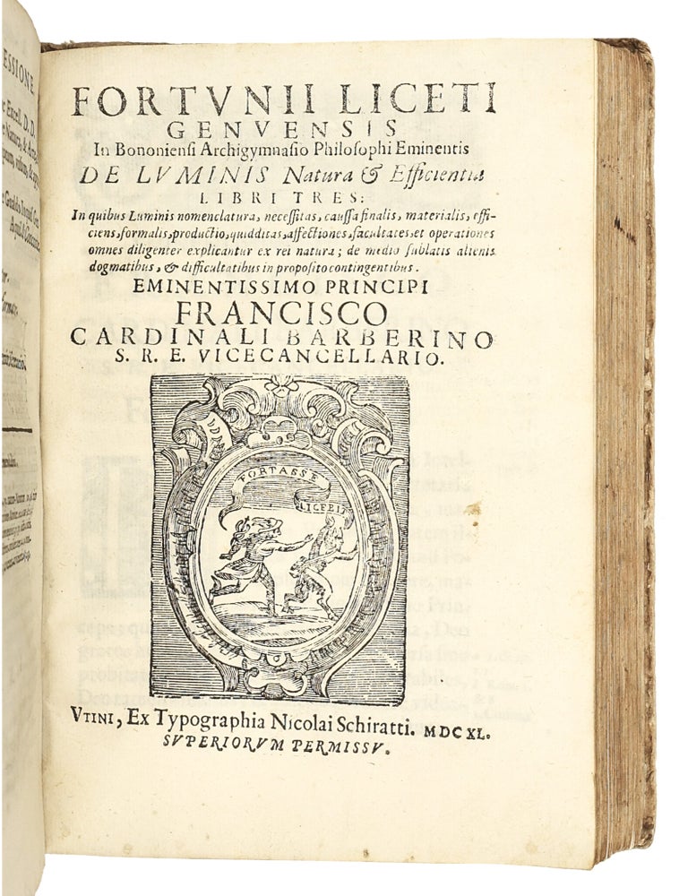 Sammelband of Five Works by Fortunio Liceti: &ldquo;De regulari motu minimaque parallaxi cometarum caelestium disputationes,&rdquo; &ldquo;De terra unico centro motus singularum caeli particularum disputationes,&rdquo; &ldquo;De centro, & circumferentia libri duo,&rdquo; &ldquo;De natura, et arte libri duo,&rdquo; &ldquo;De luminis natura & efficientia libri tres&rdquo;.