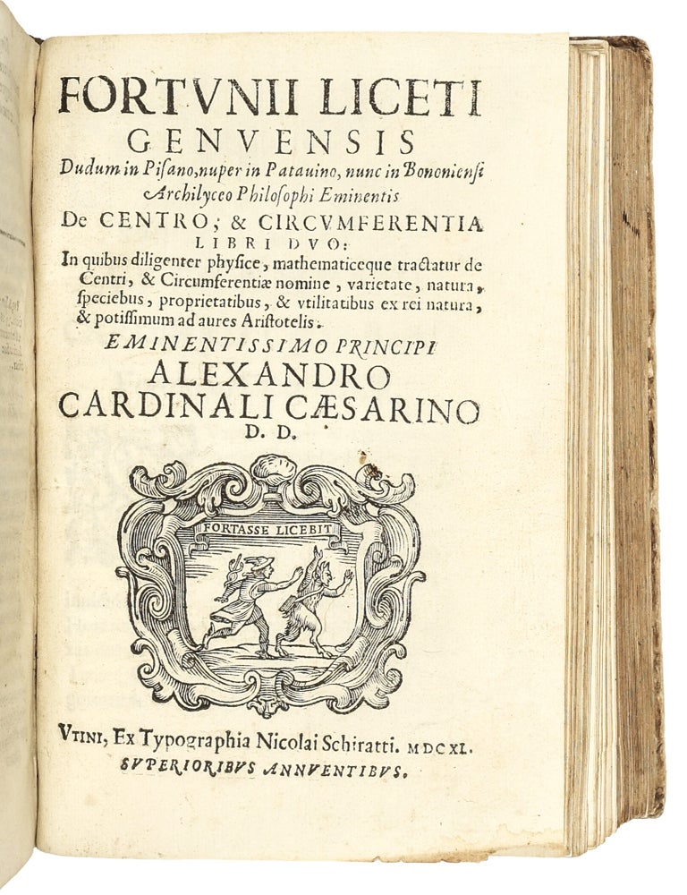 Sammelband of Five Works by Fortunio Liceti: &ldquo;De regulari motu minimaque parallaxi cometarum caelestium disputationes,&rdquo; &ldquo;De terra unico centro motus singularum caeli particularum disputationes,&rdquo; &ldquo;De centro, & circumferentia libri duo,&rdquo; &ldquo;De natura, et arte libri duo,&rdquo; &ldquo;De luminis natura & efficientia libri tres&rdquo;.