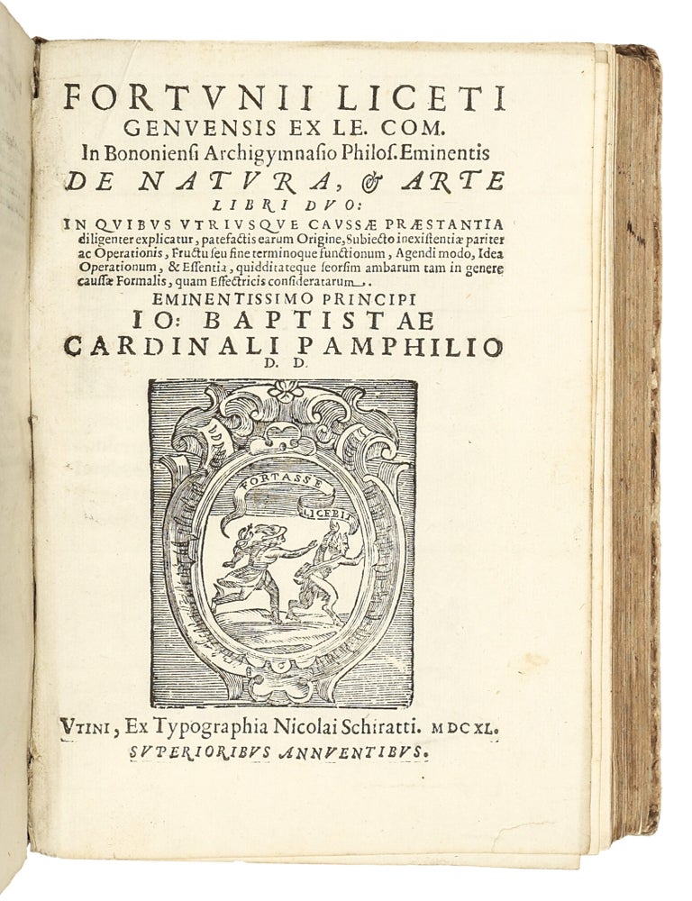 Sammelband of Five Works by Fortunio Liceti: &ldquo;De regulari motu minimaque parallaxi cometarum caelestium disputationes,&rdquo; &ldquo;De terra unico centro motus singularum caeli particularum disputationes,&rdquo; &ldquo;De centro, & circumferentia libri duo,&rdquo; &ldquo;De natura, et arte libri duo,&rdquo; &ldquo;De luminis natura & efficientia libri tres&rdquo;.