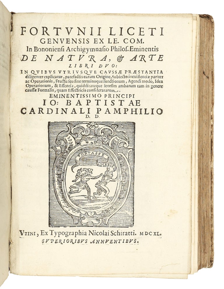 Sammelband of Five Works by Fortunio Liceti: “De regulari motu minimaque parallaxi cometarum caelestium disputationes,” “De terra unico centro motus singularum caeli particularum disputationes,” “De centro, & circumferentia libri duo,” “De natura, et arte libri duo,” “De luminis natura & efficientia libri tres”.