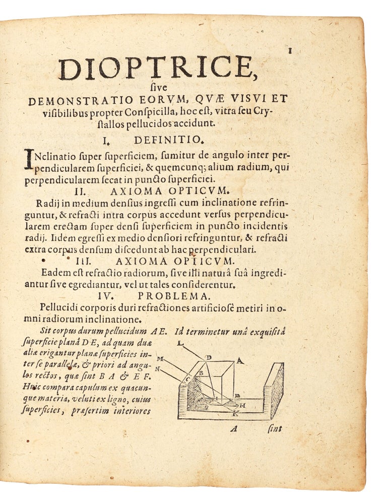Dioptrice seu demonstratio eorum quae visui & visibilibus propter conspicilla non ita pridem inventa accidunt. Praemissae epistolae Galilaei de iis, quae post editionem Nuncii Siderii ope perspicilli, nova & admiranda in coelo deprehensa sunt. Item Examen praefationis Joannis Penae Galli in Optica Euclidis, de usu optices in philosophia.