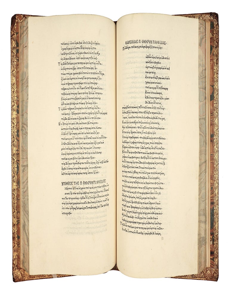 Opera [in Greek]. Ilias, Odyssea, Hymni, Batrachomyomachia, with the lives of Homer by Plutarch and Pseudo-Herodotus, and Dio Chrysostom&rsquo;s Discourse 53, on Homer. Edited by Demetrius Chalcondyles.