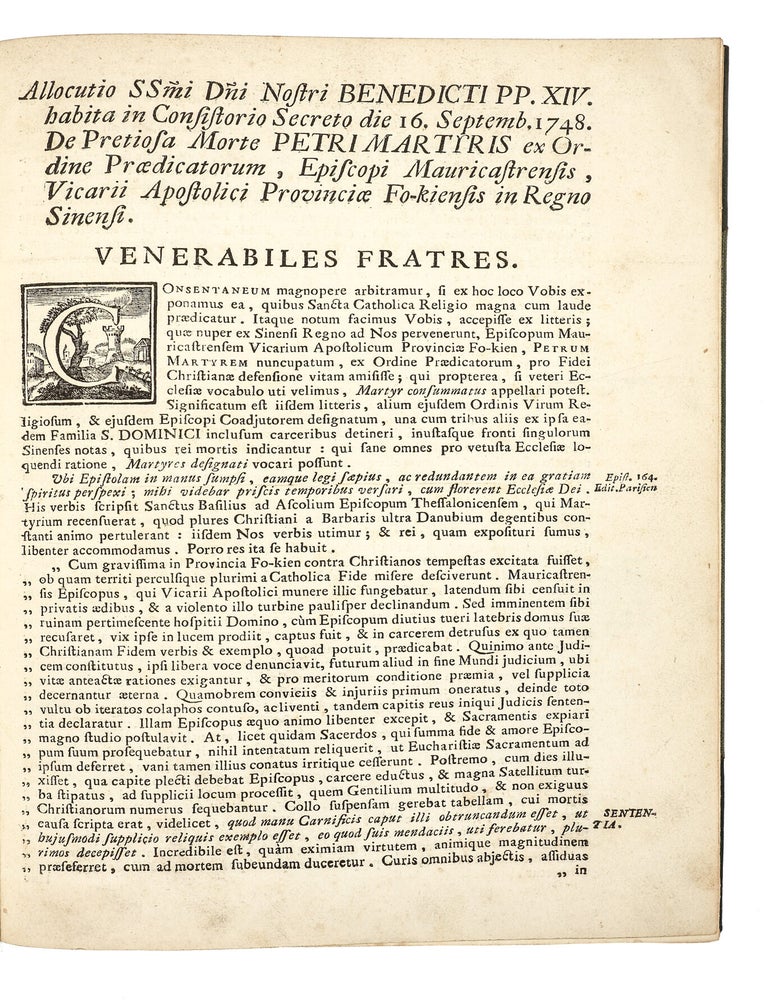 Item #5515 [Drop title] Allocutio SSmi. Dni. Nostri BENEDICTI PP. XIV. habita in Consistorio...