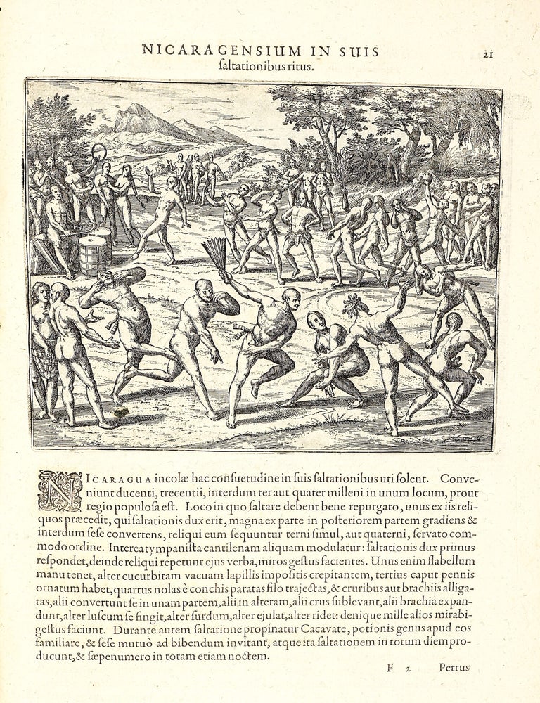 Americae Pars Quinta. Nobilis & admiratione plena Hieronymi Bezoni [sic] Mediolanensis secundae sectionis Hi[stori]a[e] Hispaniorum, t&ugrave;m in Nigrittas seruos suos, t&ugrave;m in Indos crudelitatem, Gallorumq[ue] pirataru[m] de Hispanis toties reportata spolia; adventu[m] item Hispanoru[m] in Novam Indiae continentis Hispaniam, eorumq[ue]. contra incolas eius regionis saeuitiam explicans. Addita ad singula fere capita scholia, in quibus res Indiae luculenter exponuntur. Accessit praeterea tabula chorographica Nouae Hispaniae in India Occidentali. Ad inuictis Rudolph. II. Rom. Imp. Aug. omnia elegantibus figuris in aes incisis expressa &agrave; Theodoro de Bry Leod. cive Franc. A[nno] M D XCV.