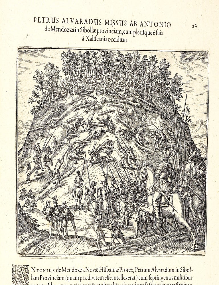 Americae Pars Quinta. Nobilis & admiratione plena Hieronymi Bezoni [sic] Mediolanensis secundae sectionis Hi[stori]a[e] Hispaniorum, t&ugrave;m in Nigrittas seruos suos, t&ugrave;m in Indos crudelitatem, Gallorumq[ue] pirataru[m] de Hispanis toties reportata spolia; adventu[m] item Hispanoru[m] in Novam Indiae continentis Hispaniam, eorumq[ue]. contra incolas eius regionis saeuitiam explicans. Addita ad singula fere capita scholia, in quibus res Indiae luculenter exponuntur. Accessit praeterea tabula chorographica Nouae Hispaniae in India Occidentali. Ad inuictis Rudolph. II. Rom. Imp. Aug. omnia elegantibus figuris in aes incisis expressa &agrave; Theodoro de Bry Leod. cive Franc. A[nno] M D XCV.