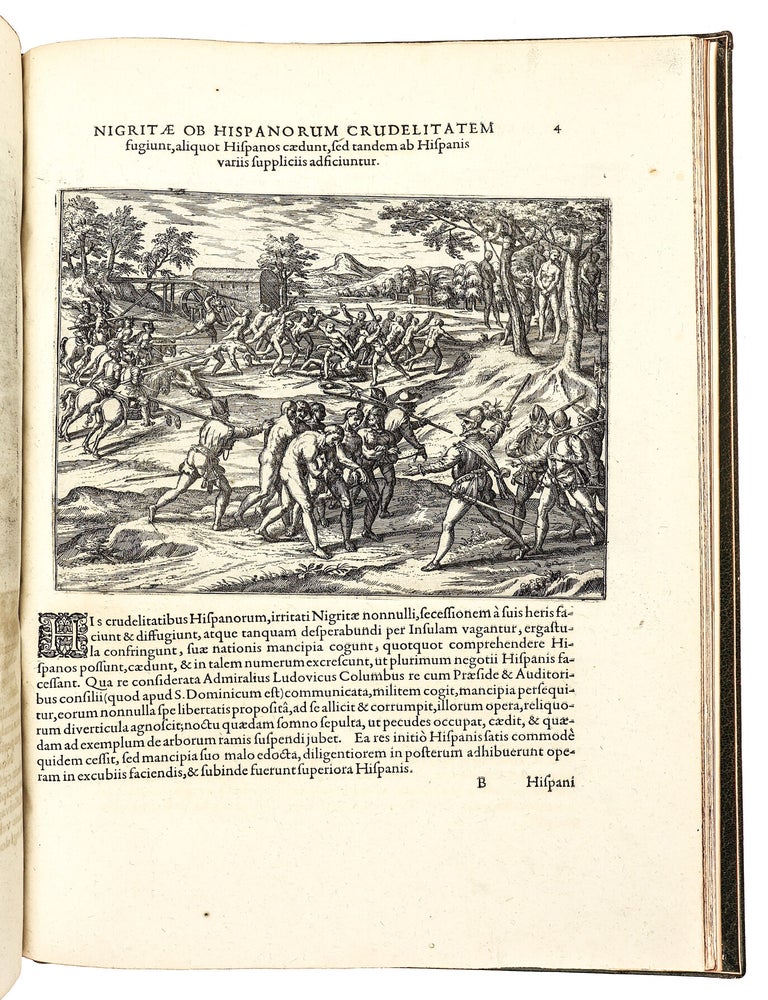 Americae Pars Quinta. Nobilis & admiratione plena Hieronymi Bezoni [sic] Mediolanensis secundae sectionis Hi[stori]a[e] Hispaniorum, t&ugrave;m in Nigrittas seruos suos, t&ugrave;m in Indos crudelitatem, Gallorumq[ue] pirataru[m] de Hispanis toties reportata spolia; adventu[m] item Hispanoru[m] in Novam Indiae continentis Hispaniam, eorumq[ue]. contra incolas eius regionis saeuitiam explicans. Addita ad singula fere capita scholia, in quibus res Indiae luculenter exponuntur. Accessit praeterea tabula chorographica Nouae Hispaniae in India Occidentali. Ad inuictis Rudolph. II. Rom. Imp. Aug. omnia elegantibus figuris in aes incisis expressa &agrave; Theodoro de Bry Leod. cive Franc. A[nno] M D XCV.