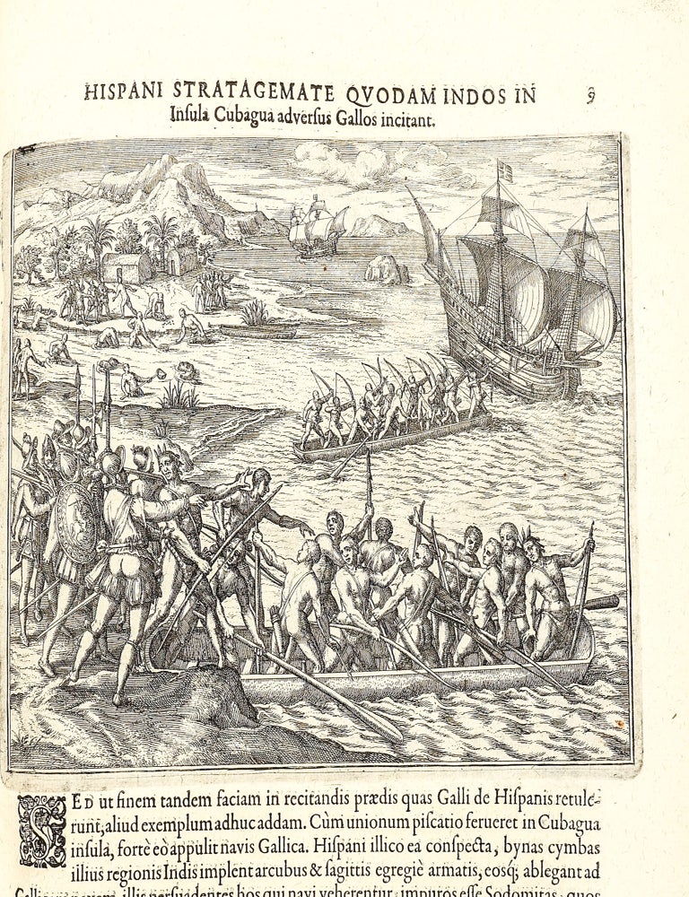 Americae Pars Quinta. Nobilis & admiratione plena Hieronymi Bezoni [sic] Mediolanensis secundae sectionis Hi[stori]a[e] Hispaniorum, t&ugrave;m in Nigrittas seruos suos, t&ugrave;m in Indos crudelitatem, Gallorumq[ue] pirataru[m] de Hispanis toties reportata spolia; adventu[m] item Hispanoru[m] in Novam Indiae continentis Hispaniam, eorumq[ue]. contra incolas eius regionis saeuitiam explicans. Addita ad singula fere capita scholia, in quibus res Indiae luculenter exponuntur. Accessit praeterea tabula chorographica Nouae Hispaniae in India Occidentali. Ad inuictis Rudolph. II. Rom. Imp. Aug. omnia elegantibus figuris in aes incisis expressa &agrave; Theodoro de Bry Leod. cive Franc. A[nno] M D XCV.