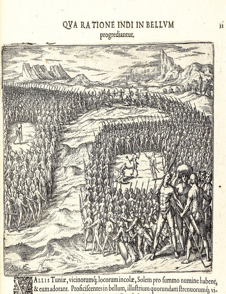 Americae Pars Quinta. Nobilis & admiratione plena Hieronymi Bezoni [sic] Mediolanensis secundae sectionis Hi[stori]a[e] Hispaniorum, t&ugrave;m in Nigrittas seruos suos, t&ugrave;m in Indos crudelitatem, Gallorumq[ue] pirataru[m] de Hispanis toties reportata spolia; adventu[m] item Hispanoru[m] in Novam Indiae continentis Hispaniam, eorumq[ue]. contra incolas eius regionis saeuitiam explicans. Addita ad singula fere capita scholia, in quibus res Indiae luculenter exponuntur. Accessit praeterea tabula chorographica Nouae Hispaniae in India Occidentali. Ad inuictis Rudolph. II. Rom. Imp. Aug. omnia elegantibus figuris in aes incisis expressa &agrave; Theodoro de Bry Leod. cive Franc. A[nno] M D XCV.