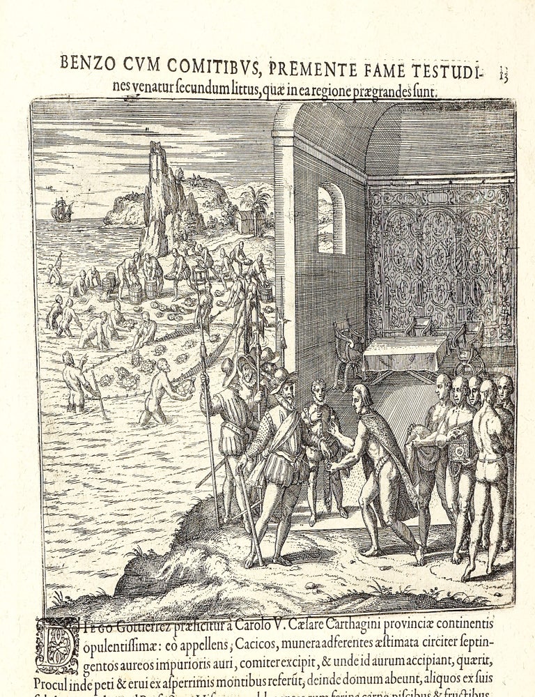 Americae Pars Quinta. Nobilis & admiratione plena Hieronymi Bezoni [sic] Mediolanensis secundae sectionis Hi[stori]a[e] Hispaniorum, t&ugrave;m in Nigrittas seruos suos, t&ugrave;m in Indos crudelitatem, Gallorumq[ue] pirataru[m] de Hispanis toties reportata spolia; adventu[m] item Hispanoru[m] in Novam Indiae continentis Hispaniam, eorumq[ue]. contra incolas eius regionis saeuitiam explicans. Addita ad singula fere capita scholia, in quibus res Indiae luculenter exponuntur. Accessit praeterea tabula chorographica Nouae Hispaniae in India Occidentali. Ad inuictis Rudolph. II. Rom. Imp. Aug. omnia elegantibus figuris in aes incisis expressa &agrave; Theodoro de Bry Leod. cive Franc. A[nno] M D XCV.