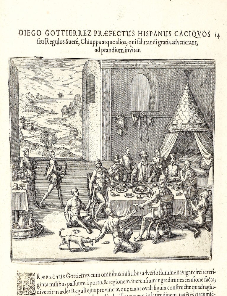 Americae Pars Quinta. Nobilis & admiratione plena Hieronymi Bezoni [sic] Mediolanensis secundae sectionis Hi[stori]a[e] Hispaniorum, t&ugrave;m in Nigrittas seruos suos, t&ugrave;m in Indos crudelitatem, Gallorumq[ue] pirataru[m] de Hispanis toties reportata spolia; adventu[m] item Hispanoru[m] in Novam Indiae continentis Hispaniam, eorumq[ue]. contra incolas eius regionis saeuitiam explicans. Addita ad singula fere capita scholia, in quibus res Indiae luculenter exponuntur. Accessit praeterea tabula chorographica Nouae Hispaniae in India Occidentali. Ad inuictis Rudolph. II. Rom. Imp. Aug. omnia elegantibus figuris in aes incisis expressa &agrave; Theodoro de Bry Leod. cive Franc. A[nno] M D XCV.
