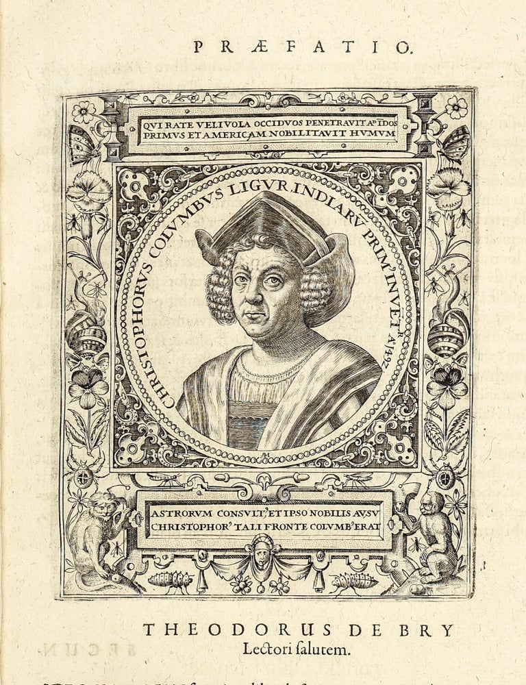 Americae Pars Quinta. Nobilis & admiratione plena Hieronymi Bezoni [sic] Mediolanensis secundae sectionis Hi[stori]a[e] Hispaniorum, t&ugrave;m in Nigrittas seruos suos, t&ugrave;m in Indos crudelitatem, Gallorumq[ue] pirataru[m] de Hispanis toties reportata spolia; adventu[m] item Hispanoru[m] in Novam Indiae continentis Hispaniam, eorumq[ue]. contra incolas eius regionis saeuitiam explicans. Addita ad singula fere capita scholia, in quibus res Indiae luculenter exponuntur. Accessit praeterea tabula chorographica Nouae Hispaniae in India Occidentali. Ad inuictis Rudolph. II. Rom. Imp. Aug. omnia elegantibus figuris in aes incisis expressa &agrave; Theodoro de Bry Leod. cive Franc. A[nno] M D XCV.