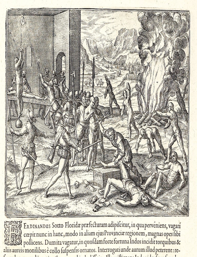 Americae Pars Quinta. Nobilis & admiratione plena Hieronymi Bezoni [sic] Mediolanensis secundae sectionis Hi[stori]a[e] Hispaniorum, t&ugrave;m in Nigrittas seruos suos, t&ugrave;m in Indos crudelitatem, Gallorumq[ue] pirataru[m] de Hispanis toties reportata spolia; adventu[m] item Hispanoru[m] in Novam Indiae continentis Hispaniam, eorumq[ue]. contra incolas eius regionis saeuitiam explicans. Addita ad singula fere capita scholia, in quibus res Indiae luculenter exponuntur. Accessit praeterea tabula chorographica Nouae Hispaniae in India Occidentali. Ad inuictis Rudolph. II. Rom. Imp. Aug. omnia elegantibus figuris in aes incisis expressa &agrave; Theodoro de Bry Leod. cive Franc. A[nno] M D XCV.