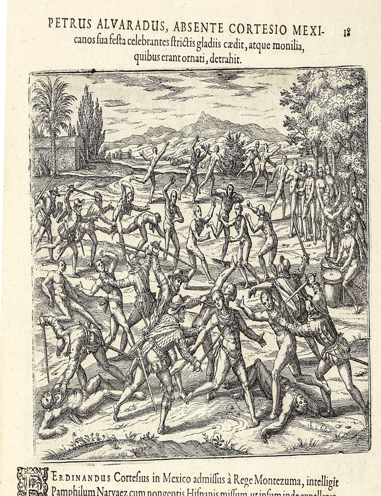 Americae Pars Quinta. Nobilis & admiratione plena Hieronymi Bezoni [sic] Mediolanensis secundae sectionis Hi[stori]a[e] Hispaniorum, t&ugrave;m in Nigrittas seruos suos, t&ugrave;m in Indos crudelitatem, Gallorumq[ue] pirataru[m] de Hispanis toties reportata spolia; adventu[m] item Hispanoru[m] in Novam Indiae continentis Hispaniam, eorumq[ue]. contra incolas eius regionis saeuitiam explicans. Addita ad singula fere capita scholia, in quibus res Indiae luculenter exponuntur. Accessit praeterea tabula chorographica Nouae Hispaniae in India Occidentali. Ad inuictis Rudolph. II. Rom. Imp. Aug. omnia elegantibus figuris in aes incisis expressa &agrave; Theodoro de Bry Leod. cive Franc. A[nno] M D XCV.