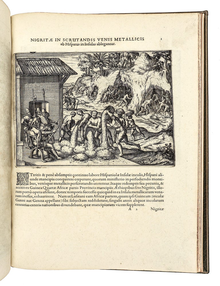 Americae Pars Quinta. Nobilis & admiratione plena Hieronymi Bezoni [sic] Mediolanensis secundae sectionis Hi[stori]a[e] Hispaniorum, t&ugrave;m in Nigrittas seruos suos, t&ugrave;m in Indos crudelitatem, Gallorumq[ue] pirataru[m] de Hispanis toties reportata spolia; adventu[m] item Hispanoru[m] in Novam Indiae continentis Hispaniam, eorumq[ue]. contra incolas eius regionis saeuitiam explicans. Addita ad singula fere capita scholia, in quibus res Indiae luculenter exponuntur. Accessit praeterea tabula chorographica Nouae Hispaniae in India Occidentali. Ad inuictis Rudolph. II. Rom. Imp. Aug. omnia elegantibus figuris in aes incisis expressa &agrave; Theodoro de Bry Leod. cive Franc. A[nno] M D XCV.