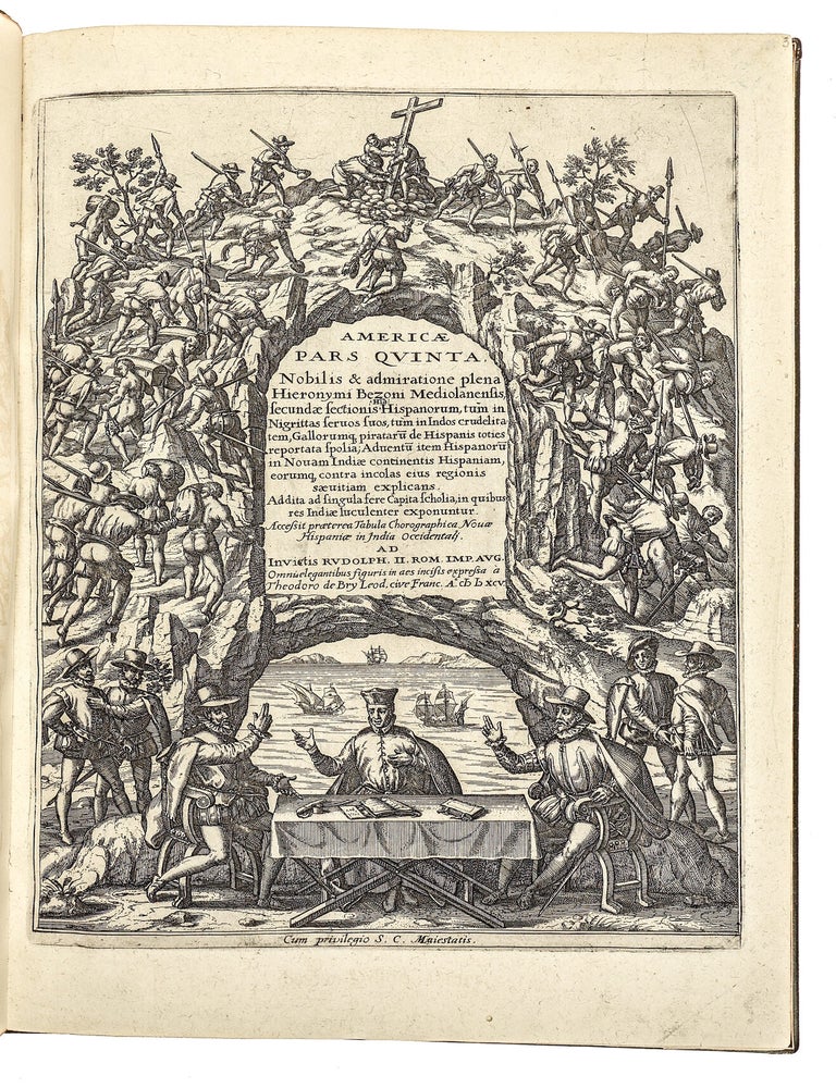 Americae Pars Quinta. Nobilis & admiratione plena Hieronymi Bezoni [sic] Mediolanensis secundae sectionis Hi[stori]a[e] Hispaniorum, t&ugrave;m in Nigrittas seruos suos, t&ugrave;m in Indos crudelitatem, Gallorumq[ue] pirataru[m] de Hispanis toties reportata spolia; adventu[m] item Hispanoru[m] in Novam Indiae continentis Hispaniam, eorumq[ue]. contra incolas eius regionis saeuitiam explicans. Addita ad singula fere capita scholia, in quibus res Indiae luculenter exponuntur. Accessit praeterea tabula chorographica Nouae Hispaniae in India Occidentali. Ad inuictis Rudolph. II. Rom. Imp. Aug. omnia elegantibus figuris in aes incisis expressa &agrave; Theodoro de Bry Leod. cive Franc. A[nno] M D XCV.