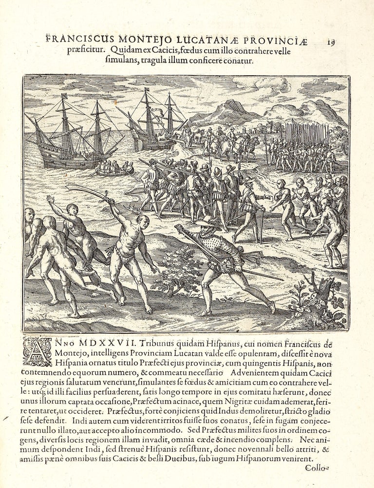 Americae Pars Quinta. Nobilis & admiratione plena Hieronymi Bezoni [sic] Mediolanensis secundae sectionis Hi[stori]a[e] Hispaniorum, t&ugrave;m in Nigrittas seruos suos, t&ugrave;m in Indos crudelitatem, Gallorumq[ue] pirataru[m] de Hispanis toties reportata spolia; adventu[m] item Hispanoru[m] in Novam Indiae continentis Hispaniam, eorumq[ue]. contra incolas eius regionis saeuitiam explicans. Addita ad singula fere capita scholia, in quibus res Indiae luculenter exponuntur. Accessit praeterea tabula chorographica Nouae Hispaniae in India Occidentali. Ad inuictis Rudolph. II. Rom. Imp. Aug. omnia elegantibus figuris in aes incisis expressa &agrave; Theodoro de Bry Leod. cive Franc. A[nno] M D XCV.