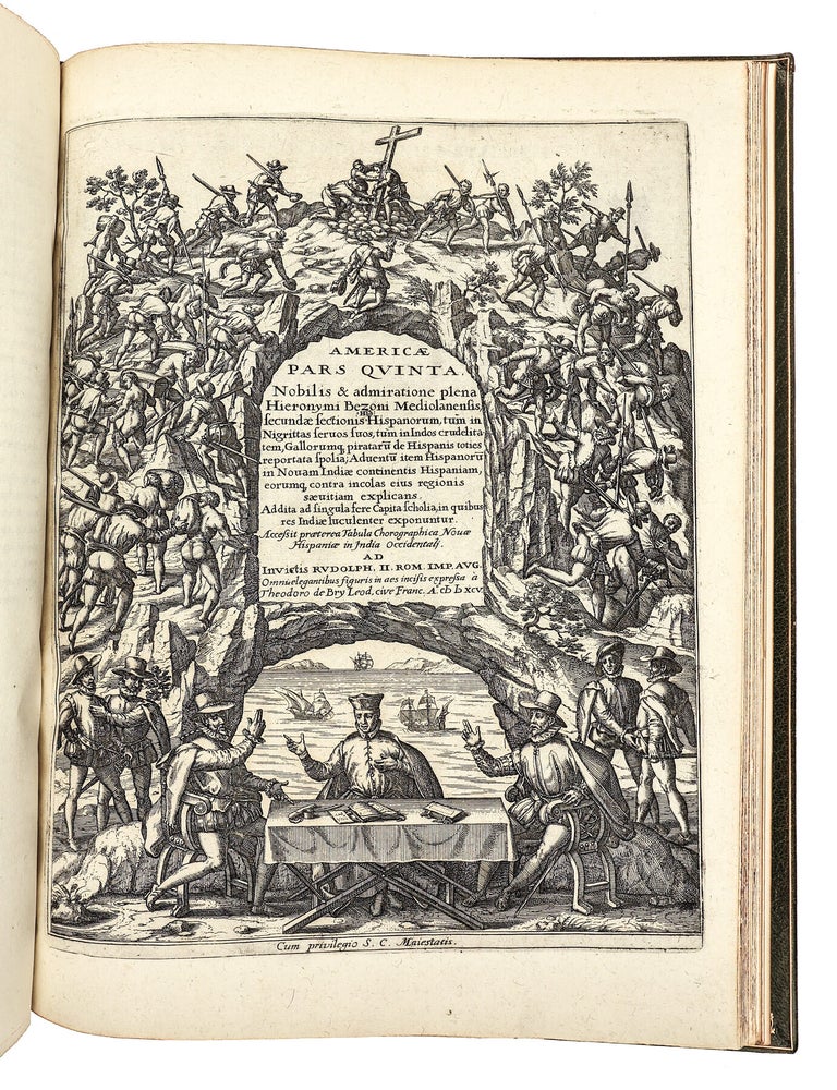Americae Pars Quinta. Nobilis & admiratione plena Hieronymi Bezoni [sic] Mediolanensis secundae sectionis Hi[stori]a[e] Hispaniorum, t&ugrave;m in Nigrittas seruos suos, t&ugrave;m in Indos crudelitatem, Gallorumq[ue] pirataru[m] de Hispanis toties reportata spolia; adventu[m] item Hispanoru[m] in Novam Indiae continentis Hispaniam, eorumq[ue]. contra incolas eius regionis saeuitiam explicans. Addita ad singula fere capita scholia, in quibus res Indiae luculenter exponuntur. Accessit praeterea tabula chorographica Nouae Hispaniae in India Occidentali. Ad inuictis Rudolph. II. Rom. Imp. Aug. omnia elegantibus figuris in aes incisis expressa &agrave; Theodoro de Bry Leod. cive Franc. A[nno] M D XCV.