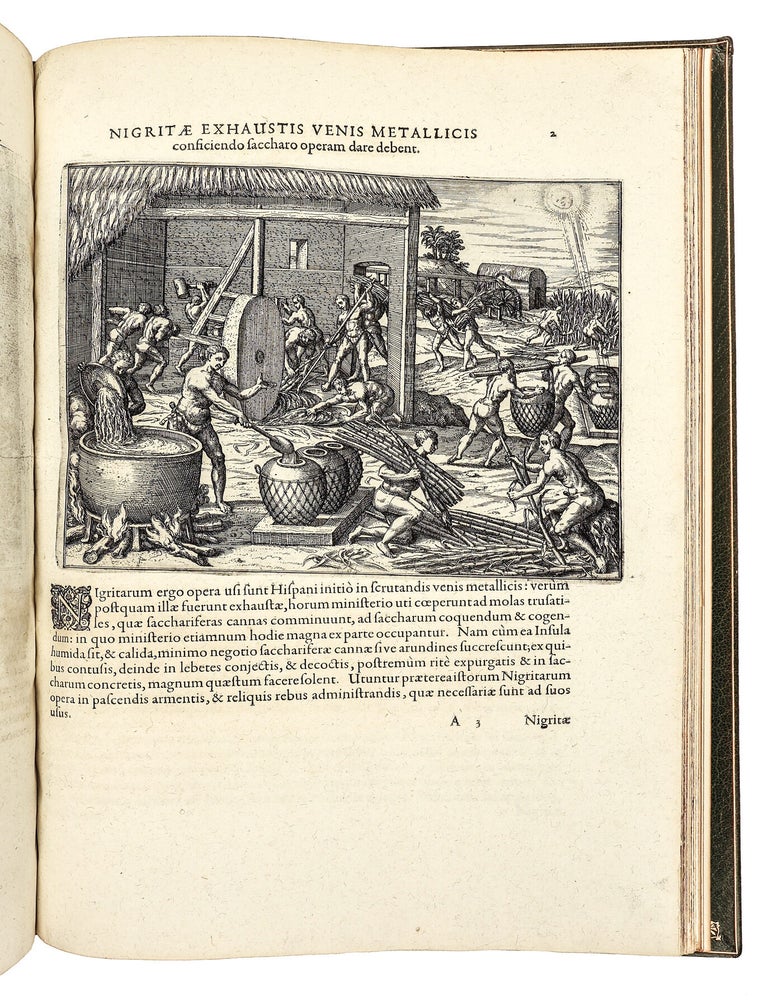 Americae Pars Quinta. Nobilis & admiratione plena Hieronymi Bezoni [sic] Mediolanensis secundae sectionis Hi[stori]a[e] Hispaniorum, t&ugrave;m in Nigrittas seruos suos, t&ugrave;m in Indos crudelitatem, Gallorumq[ue] pirataru[m] de Hispanis toties reportata spolia; adventu[m] item Hispanoru[m] in Novam Indiae continentis Hispaniam, eorumq[ue]. contra incolas eius regionis saeuitiam explicans. Addita ad singula fere capita scholia, in quibus res Indiae luculenter exponuntur. Accessit praeterea tabula chorographica Nouae Hispaniae in India Occidentali. Ad inuictis Rudolph. II. Rom. Imp. Aug. omnia elegantibus figuris in aes incisis expressa &agrave; Theodoro de Bry Leod. cive Franc. A[nno] M D XCV.