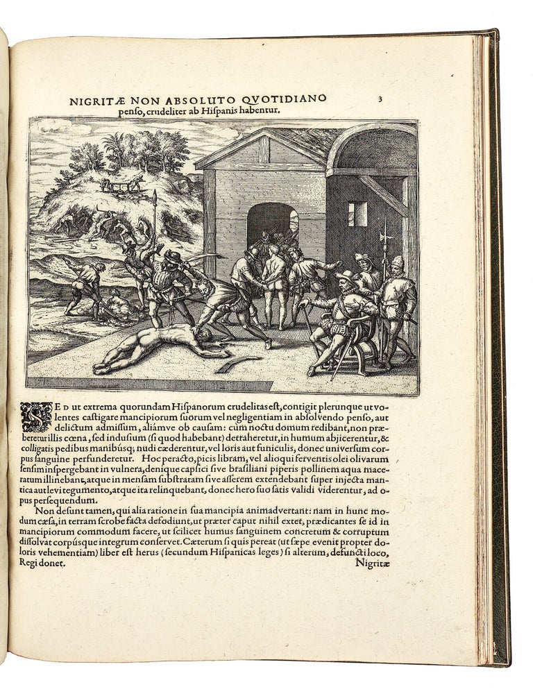 Americae Pars Quinta. Nobilis & admiratione plena Hieronymi Bezoni [sic] Mediolanensis secundae sectionis Hi[stori]a[e] Hispaniorum, t&ugrave;m in Nigrittas seruos suos, t&ugrave;m in Indos crudelitatem, Gallorumq[ue] pirataru[m] de Hispanis toties reportata spolia; adventu[m] item Hispanoru[m] in Novam Indiae continentis Hispaniam, eorumq[ue]. contra incolas eius regionis saeuitiam explicans. Addita ad singula fere capita scholia, in quibus res Indiae luculenter exponuntur. Accessit praeterea tabula chorographica Nouae Hispaniae in India Occidentali. Ad inuictis Rudolph. II. Rom. Imp. Aug. omnia elegantibus figuris in aes incisis expressa &agrave; Theodoro de Bry Leod. cive Franc. A[nno] M D XCV.