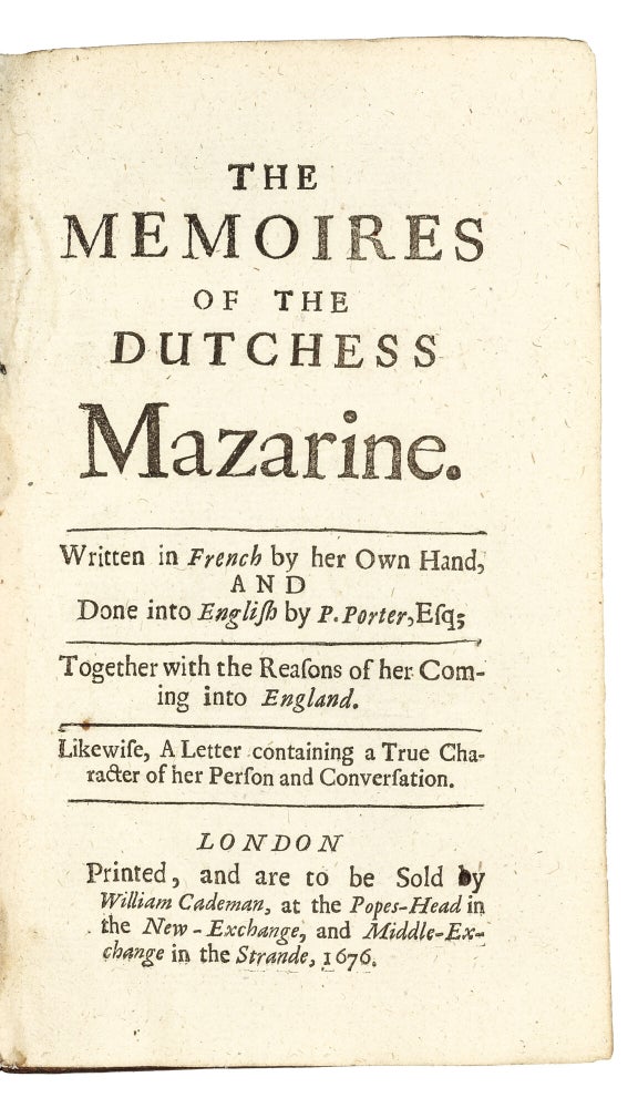 Item #5550 The Memoires of the Dutchess Mazarine. Written in French by her own hand, and done...